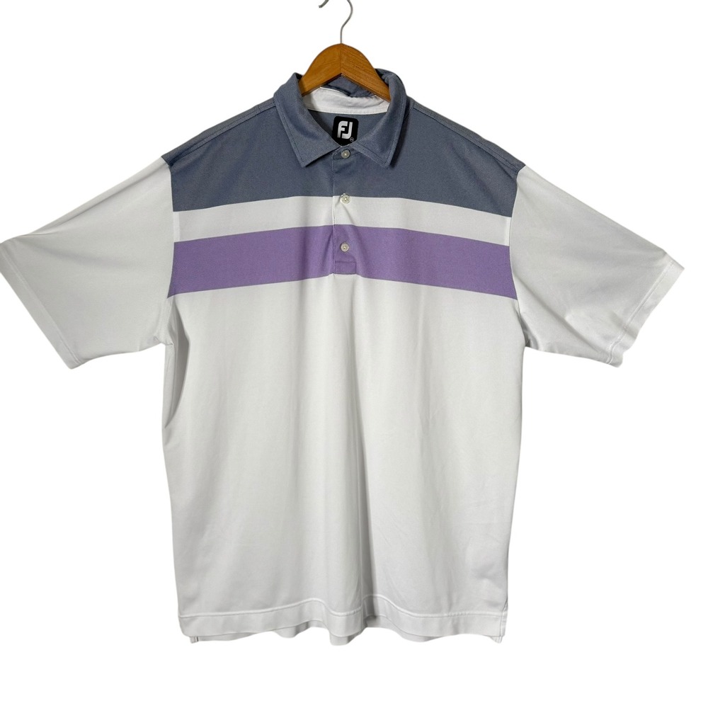 FootJoy Mens 2XL Short Sleeve Golf Polo Shirt White Purple Striped Performance